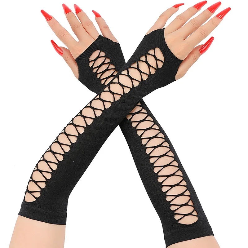 Fingerless Glove Knit - レディース用ロングレースグローブ、指先が開いたメッシュグローブ。ナイトクラブ、コスプレ、ダンス、パーティーなどのアクセサリーとして。