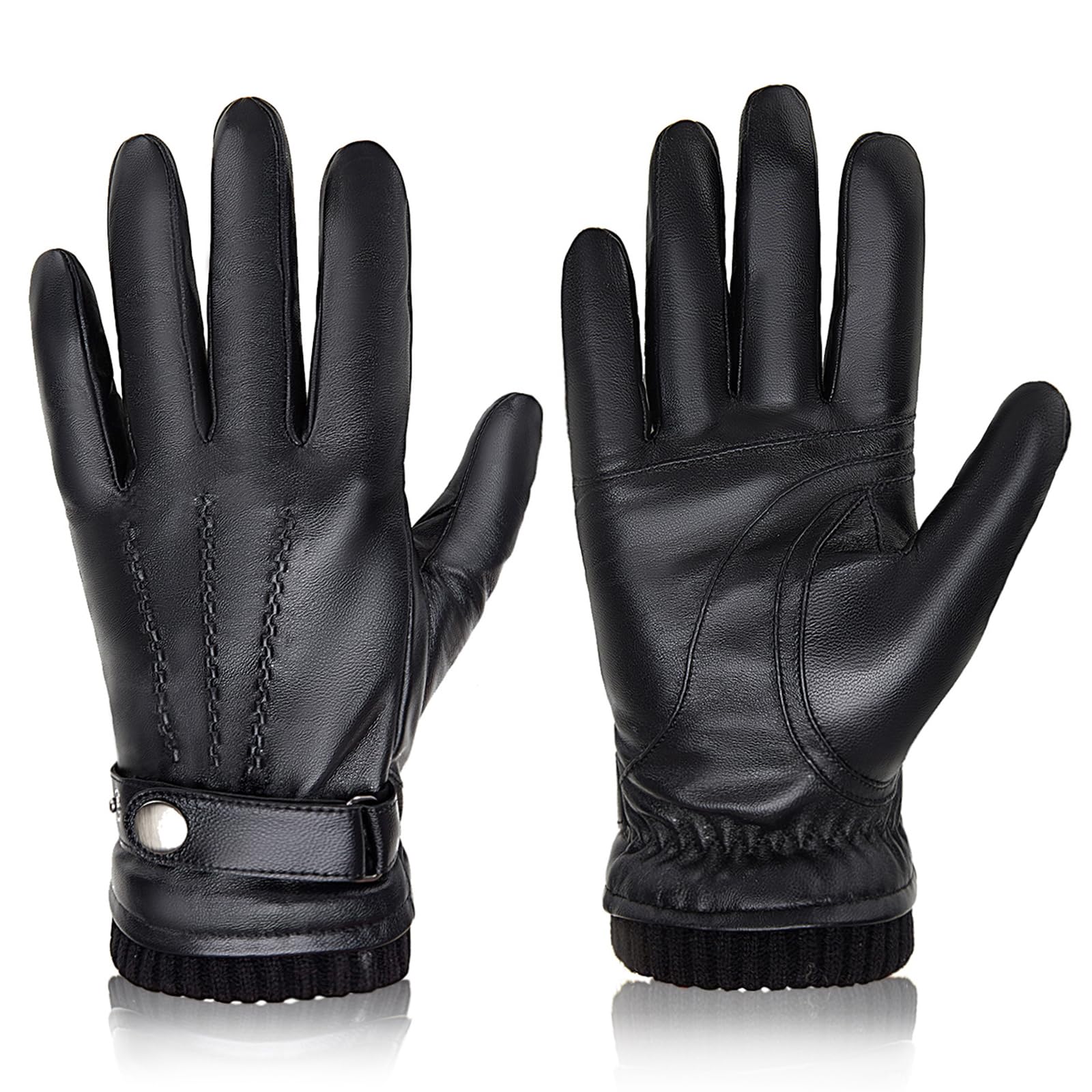 Leather Driving Glove - メンズ用シープスキン手袋、カシミヤ裏地付き、タッチスクリーン対応、指全体を覆うミトン型、冬用、暖かい、ライディングや運転に最適。