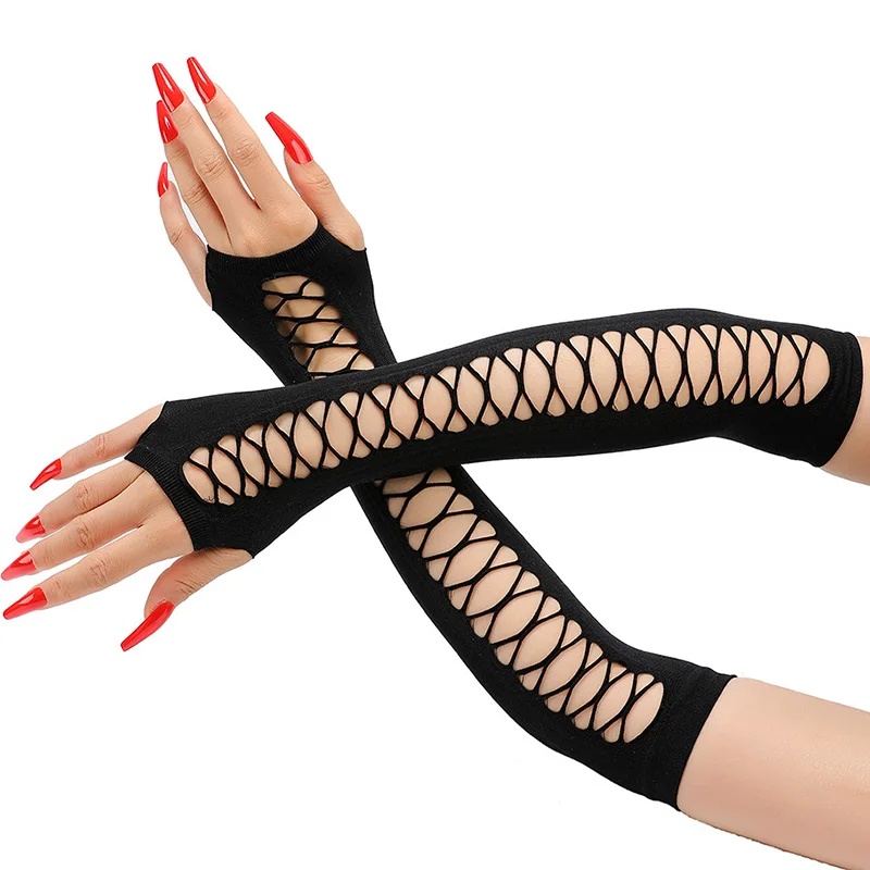 レディース用ロングレースグローブ、指先が開いたメッシュグロー - Fingerless Glove Knit のレビューと価格